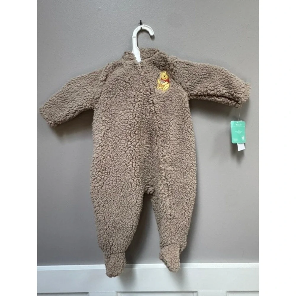 NWT Disney Baby Winnie the Pooh‎ Sherpa Fleece Pram Suit Tan Hooded Footed 6-9M